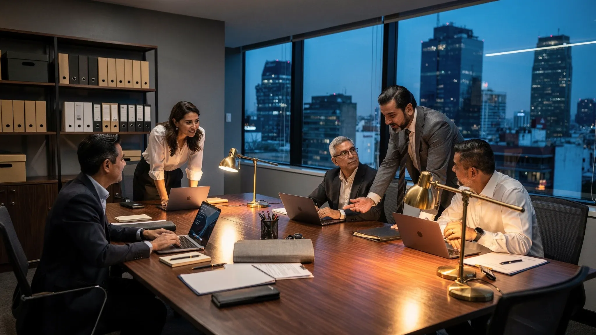 Un grupo de consultores conversa alrededor de una mesa de nogal con lámparas de latón, en una oficina con ventanales hacia rascacielos iluminados al anochecer.